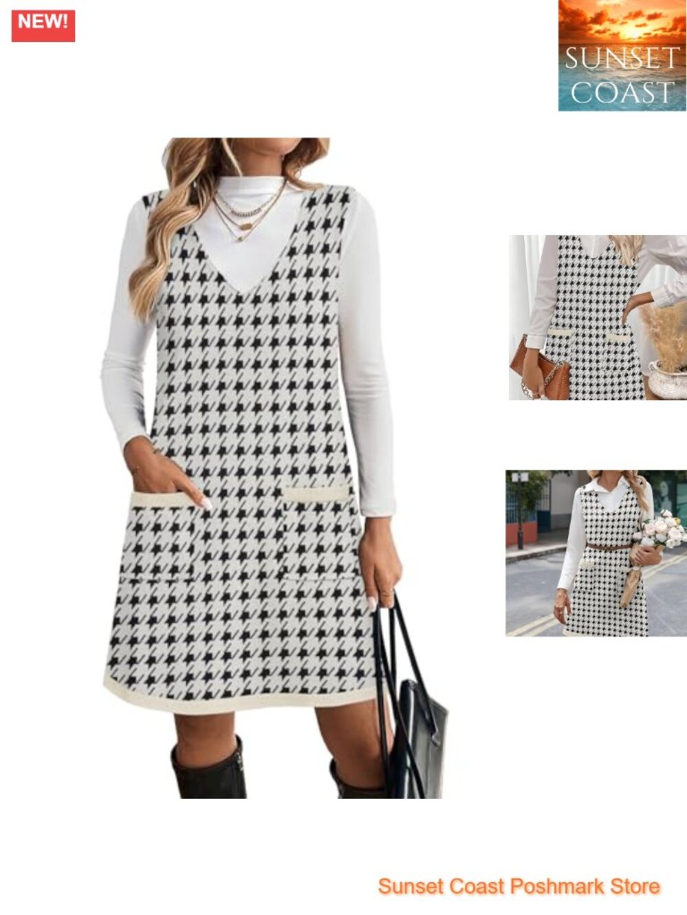 V Neck Sleeveless Sweater Vest Dress with Pockets A-Line Knit Pullover